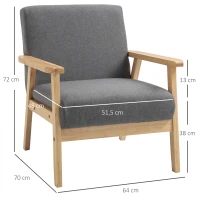 HOMCOM Fotel w stylu skandynawskim, Fotel akcentowy, Lite drewno, Imitacja lnu, 64 cm x 70 cm x 72 cm, Szary + Natura(m-3)