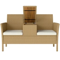 Outsunny Panca da Giardino con Tavolino a Ribalta Portaoggetti, in Rattan e Acciaio, 134x58x82 cm, Crema e Cachi(m-11)