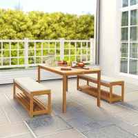 Outsunny 4 Seater Garden Furniture Set, 3 Pieces Garden Table and Benches with Cushions, Umbrella Hole, Outdoor Garden Dining Set with Slatted Top Table for Patio, Teak(m-8)