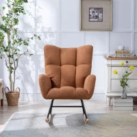 Fauteuil à bascule en tissu teddy, avec poche, dossier enveloppant et base en bois massif, pour salon ou chambre d’enfant, Marron(m-9)