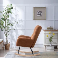Fauteuil à bascule en tissu teddy, avec poche, dossier enveloppant et base en bois massif, pour salon ou chambre d’enfant, Marron(m-11)