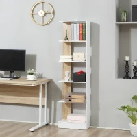 HOMCOM Estantería de Almacenaje con 5 Estantes Librería Multiusos para Estudio Oficina con Base Elevada Diseño Elegante 45x21x170 cm Blanco y Roble(m-10)