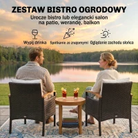 Outsunny Zestaw bistro z rattanu 3-częściowy FSC meble ogrodowe z 2 fotelami, 2-poziomowym stolikiem z drewna, grube zdejmowane poduszki(m-4)