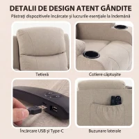 HOMCOM Fotoliu Electric cu Ridicare și Reclinare, Încălzire, Masaj, Efect In, 2 Telecomenzi, Crem(m-8)
