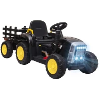 HOMCOM 12V Kids Ride on Tractor with Detachable Trailer, Remote, Soft Start, Seat Belt, Music, USB, Horn, Lights for 3-6, Black(m-1)