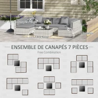 Outsunny Ensemble salon de jardin 7 pièces modulables table basse plateau verre trempé coussins déhoussables inclus gris(m-6)