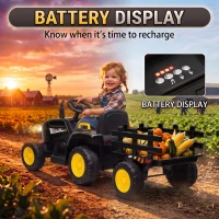 HOMCOM 12V Kids Ride on Tractor with Detachable Trailer, Remote, Soft Start, Seat Belt, Music, USB, Horn, Lights for 3-6, Black(m-5)