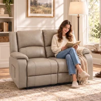 HOMCOM Sillón 2 Plazas Relax Reclinable Manual Ajuste Separado hasta 155º Sillón Relax de PU Reposapiés y Asiento Amplio Caqui(m-14)