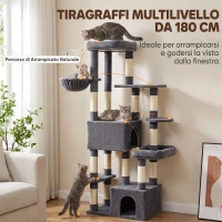 PawHut Tiragraffi per Gatti Grande Alto 180 cm Multilivello, 13 Pali Graffiatoi, 2 Grotte, Amaca, 2 Cucce, Grigio Scuro(m-4)