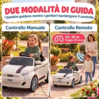 AIYAPLAY Macchina Elettrica per Bambini 12V Fiat 500, Batteria al Litio, 2 Motori, Telecomando, 3-6 Anni, Crema(m-6)