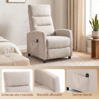 HOMCOM Poltrona Massaggiante e Reclinabile a 160° con Poggiapiedi e Telecomando, 66x91x108 cm, in Ciniglia Bianco Crema(m-8)