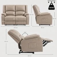 HOMCOM Sillón 2 Plazas Relax Reclinable Manual Ajuste Separado hasta 155º Sillón Relax de PU Reposapiés y Asiento Amplio Caqui(m-3)