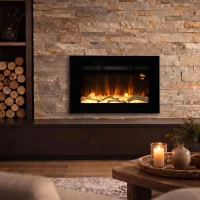 HOMCOM Camino Elettrico da Parete/Incasso 66cm 1800W Riscaldamento, 3 Colori Fiamma 3D, 5 Luminosità, 40㎡ Nero(m-12)