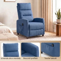 HOMCOM Poltrona Massaggiante e Reclinabile a 160° con Poggiapiedi e Telecomando, 66x91x108 cm, in Ciniglia Blu Scuro(m-8)