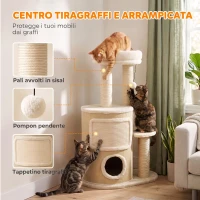 PawHut Tiragraffi per Gatti 90cm Multilivello con 4 Pali Graffiatoi in Sisal, 2 Grotte, Cuccia, Pompon, Tappetino, Beige(m-5)