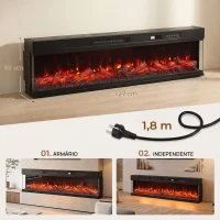 HOMCOM Lareira Elétrica Encastrável ou de Chão 750/1500W, 3 Lados, 12 Cores de Chama 3D, Termóstato, Comando à Distância, Preto(m-3)