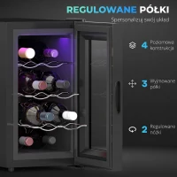 HOMCOM Chłodziarka do wina na 8 butelek, 21 l, termoelektryczna, regulowane półki, oświetlenie LED, czarna(m-6)