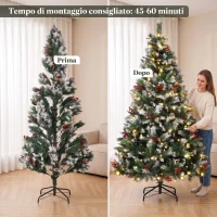 HOMCOM Albero Natale Innevato 210cm, 400 Luci LED a 2 Colori, Telecomando, 11 Modalità, 1253 Rami, Pigne, Bacche Rosse(m-8)