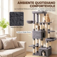 PawHut Tiragraffi per Gatti Grande Alto 180 cm Multilivello, 13 Pali Graffiatoi, 2 Grotte, Amaca, 2 Cucce, Grigio Scuro(m-8)