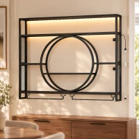 HOMCOM Portabottiglie da Parete con Luci LED e Portabicchieri, Design con Foro Centrale, Porta Bottiglie di Vino, Nero(m-12)