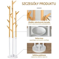HOMCOM wieszak wolnostojący wieszak na ubrania z 13 haczykami nowoczesny stojak na parasole do przedpokoju salonu metal bambus kolor naturalny + biały 30,5 x 30,5 x 174,5 cm(m-5)