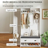 HOMCOM 2 w 1 wieszak na ubrania, wieszak na ubrania z 4 wieszakami, garderoba z ławką na buty i półkami, wieszak na ubrania z zabezpieczeniem antyprzechyleniowym, do przedpokoju, korytarza, sypialni, biały + szary(m-4)