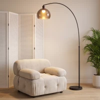 HOMCOM Lampada da Terra ad Arco con Interruttore a Pedale, in Marmo, Ferro e Plastica, 90x26x180 cm, Nero e Grigio Fumo(m-12)