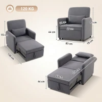 HOMCOM Poltrona Letto 3 in 1 Estraibile, Reclinabile in Tessuto Effetto Lino con Schienale Regolabile e Cuscino(m-3)