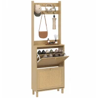 HOMCOM Porte-Manteau 2 en 1, Meuble d'Entrée avec Meuble à Chaussures, Portes Effet Rotin et 8 Crochets, Bois Naturel(m-14)