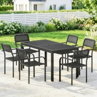 Outsunny Set da Pranzo per Esterno per 6 Persone, Tavolo in Metallo Effetto Legno e Sedie Impilabili, Nero(m-10)