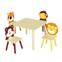AIYAPLAY Mesa Infantil con 4 Sillas con Diseños de Animales Juego de Madera 5 Piezas para Niños y Niñas 3-8 Años Amarillo(m-17)