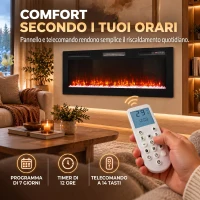 HOMCOM 127 cm Camino Elettrico da Incasso/Parete/Terra Ultrasottile 8.3 cm con Telecomando, 900/1800W, Timer, 35㎡ Nero(m-7)