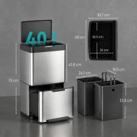 HOMCOM Poubelle de Cuisine Automatique 40 L en Inox, 3 Compartiments, Seaux Intérieurs Amovibles, Fermeture douce, Argenté(m-3)
