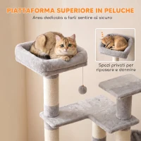 PawHut Albero Tiragraffi Multilivello 152 cm con 4 Pali per Gatti da Interno, Amaca, Cuccia e Scala, Grigio Chiaro(m-6)