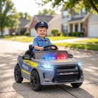 AIYAPLAY Auto Elettrica Polizia 12V con Telecomando, 2 Motori, Luci, Sirena, Musica e Clacson,  3-6 Anni, Grigio(m-15)