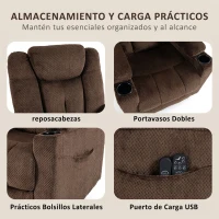 HOMCOM Sillón Relax Reclinable Eléctrico Levanta Personas Mayores con Masaje Calor Portavasos Mando Bolsillos Marrón Oscuro(m-8)