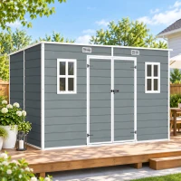 Outsunny 10 x 6 ft Resin Garden Shed, Outdoor Storage Shed with Floor, Windows, Lockable Doors and Vents, Grey(m-9)