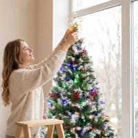 HOMCOM Albero di Natale Innevato 180cm, 250 Luci LED a 2 Colori, Telecomando, 11 Modalità, 840 Rami, Pigne, Bacche Rosse(m-13)
