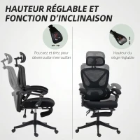 HOMCOM Chaise Bureau Ergonomique avec Appui-Tête Réglable, Fauteuil de Bureau Inclinable en Maille, Dossier Séparé, Noir(m-9)