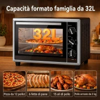 HOMCOM Forno Elettrico Ventilato 32L 1500W, Temperatura Regolabile 90-230°, 6 Modalità di Cottura, Porta in Vetro(m-5)