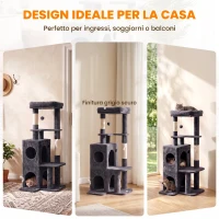 PawHut Albero Tiragraffi per Gatti Alto 132 cm con 2 Pali in Sisal, Cuccia, Casetta a 2 Livelli, Trespolo, Grigio Scuro(m-9)