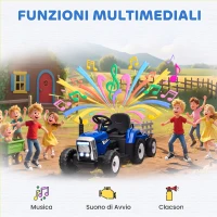 HOMCOM Trattore Elettrico per Bambini con Rimorchio Rimovibile, Telecomando, Porta USB, Musica e Luci, Età 3-6 Anni, Blu(m-6)
