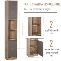 HOMCOM Mobiletto Salvaspazio per Bagno in Legno, Mobile da Bagno con 2 Armadietti e Ripiani Regolabili, Design a Colonna, 30x24x170 cm, Grigio e Rovere(m-5)
