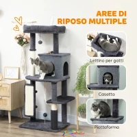 PawHut Albero per Gatti Multilivello Alto 132 cm con Casetta, Lettino, Pali Tiragraffi, Spazzola e Pallina, Grigio Scuro(m-4)