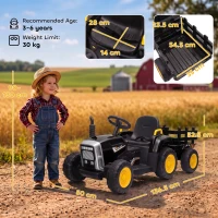 HOMCOM 12V Kids Ride on Tractor with Detachable Trailer, Remote, Soft Start, Seat Belt, Music, USB, Horn, Lights for 3-6, Black(m-3)