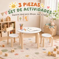 AIYAPLAY Mesa Infantil con 2 Sillas Apilables 3 Piezas Mesa Redonda Juego de Madera Niños 3-8 Años para Guardería Aulas Blanco(m-20)