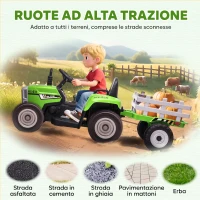 HOMCOM Trattore Elettrico per Bambini 3-6 Anni con Rimorchio Rimovibile, Batteria 12V e Telecomando, Verde(m-7)