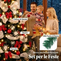 HOMCOM Albero Natale Folto 180cm con 200 Luci LED, Telecomando, 8 Modalità, 800 Rami, Palline, Nastri, Fiocchi(m-6)
