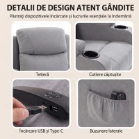 HOMCOM Fotoliu Electric cu Ridicare Asistată, Reclinabil, Încălzit, cu Masaj, Aspect In, 2 Telecomenzi, Gri Deschis(m-8)