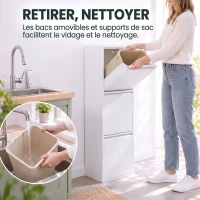 HOMCOM Meuble Poubelle de Tri Sélectif, Poubelle de Recyclage 45 L (3 x 15 L), 3 Compartiments, Portes à Fermeture Douce, Blanc(m-6)
